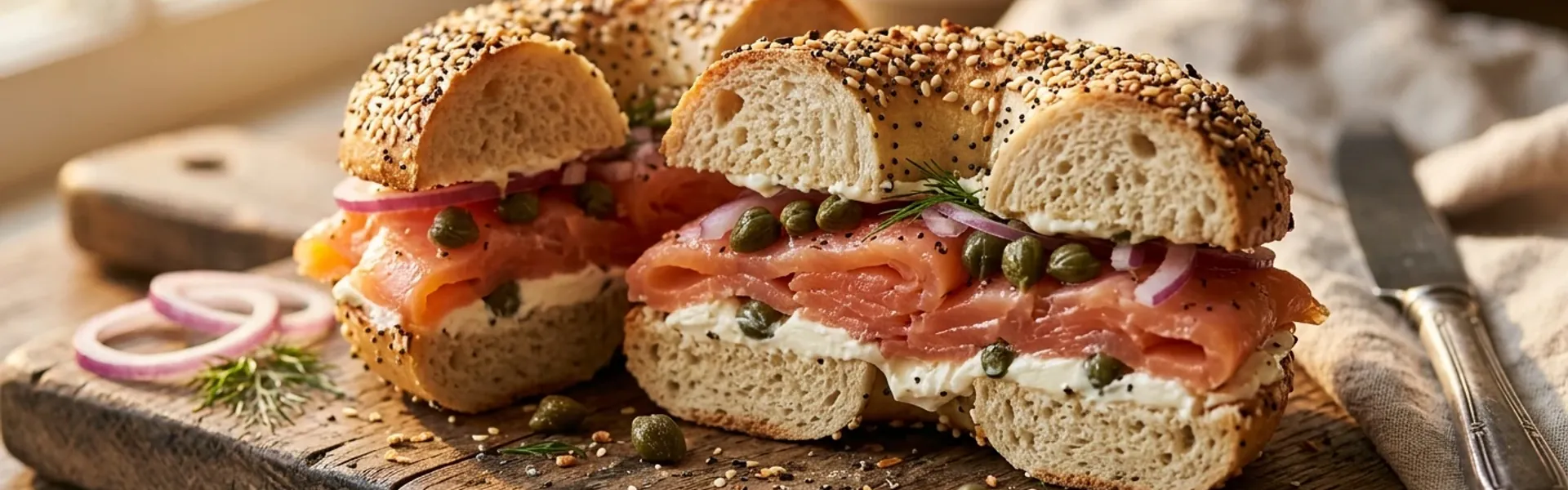 Bagel sandwich with cream cheese close-up