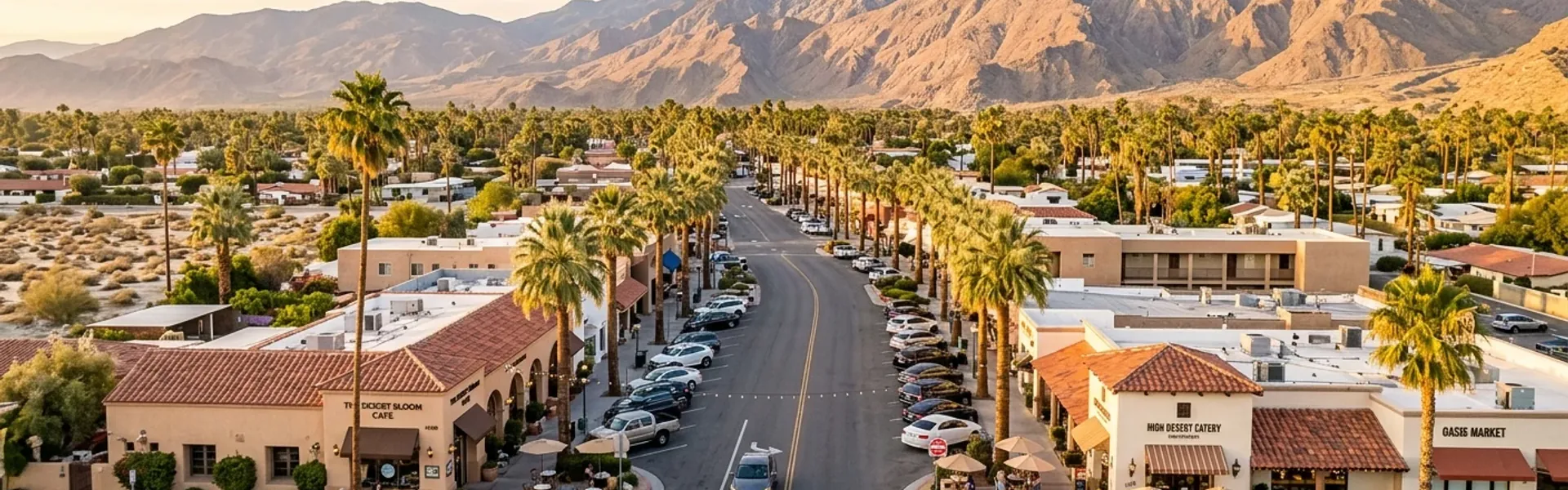 Aerial view of a Coachella Valley town at sunrise
