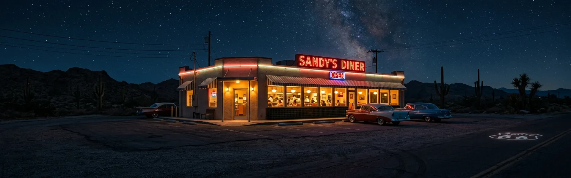 Late-night diner exterior glowing in the dark