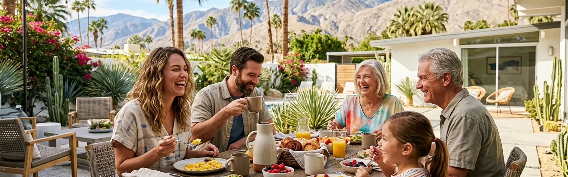 Family enjoying breakfast at a Coachella Valley patio restaurant