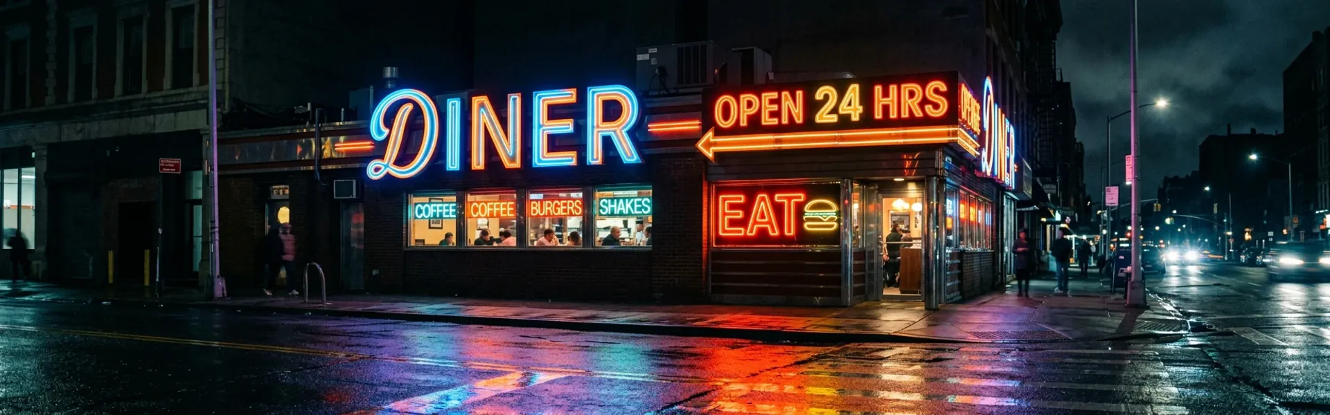 Neon diner sign glowing at night in the Coachella Valley