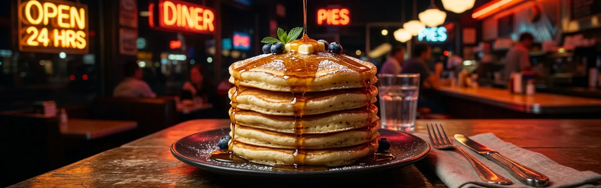 Stack of pancakes under neon diner lights at night